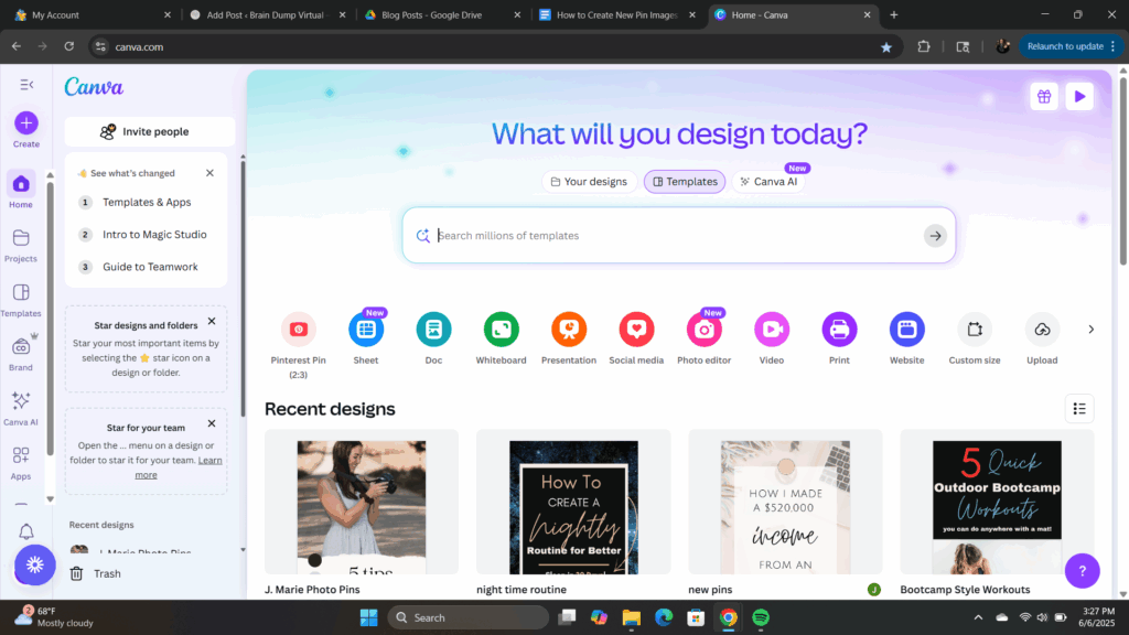 Canva home page
