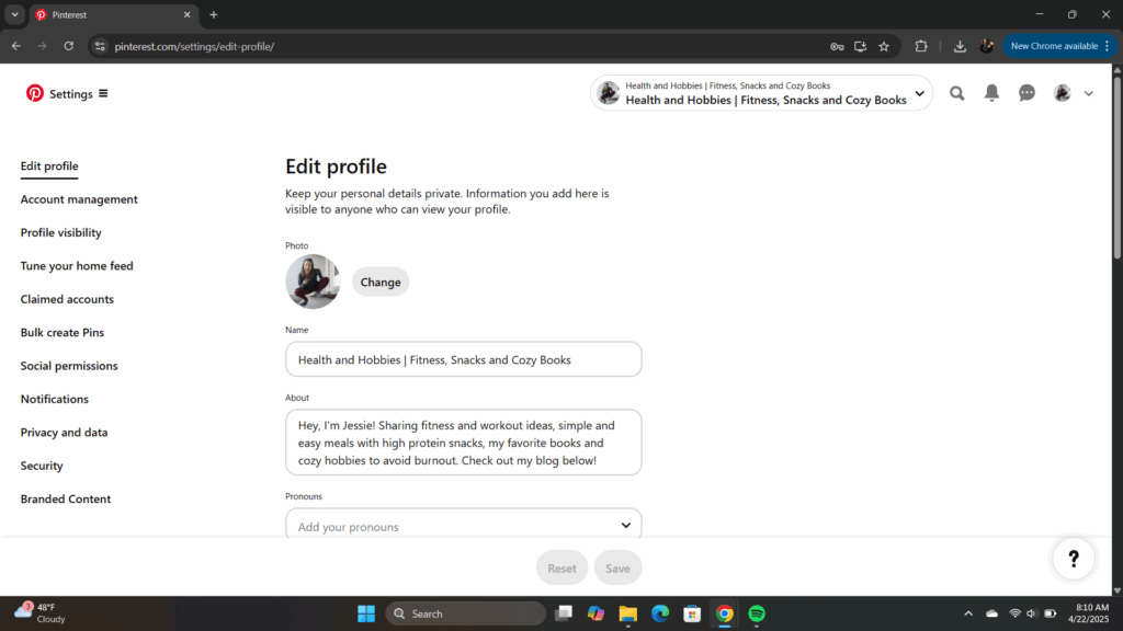 edit Pinterest Business account profile