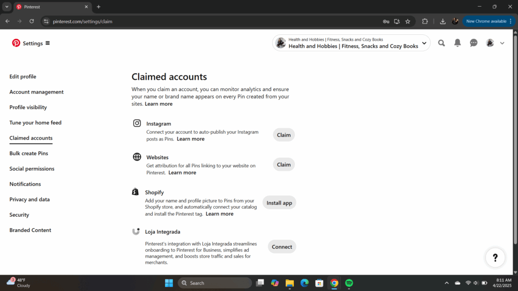 where to claim accounts on Pinterest